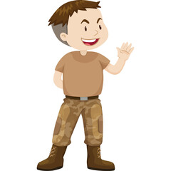 Smiling Young Boy Wearing Camouflage Pants and Brown T-shirt Waving Hello Isolated on Transparent Background