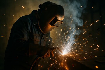 Man in a blue jacket is welding metal. Concept of danger and risk, as the sparks and smoke from the welding process can be harmful to the welder and those around him