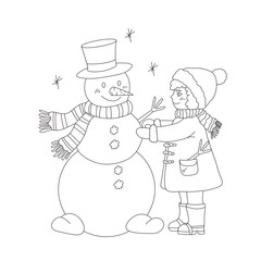 Joyful children building a snowman coloring page. Printable snowman coloring pages for kids winter activities.
