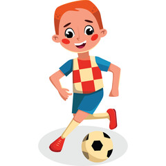 Smiling Young Boy Wearing Red White Checkered Soccer Jersey Blue Shorts and Yellow Socks Actively Playing Football Isolated on White Background