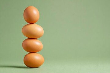 Four eggs stacked on top of each other The background is a pale green color
