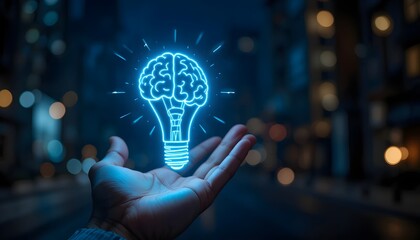 Illuminating Insight A digital representation of a human brain encased within a glowing lightbulb, cradled by a reaching hand, symbolizing the fusion of intellect and innovation