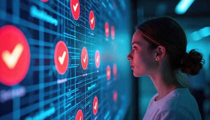 Young woman views glowing digital screen with checkmarks. Data analytics and artificial intelligence interface. Future technology and business innovation concept for modern hiring.