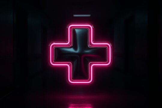 Neon sign of a cross with a red glow. The sign is in a dark room. The sign is glowing and it is a symbol of hope