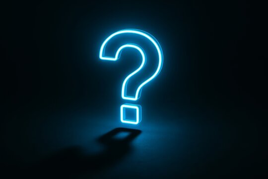 Neon blue question mark is lit up in the dark. The blue light gives the image a mysterious and intriguing mood