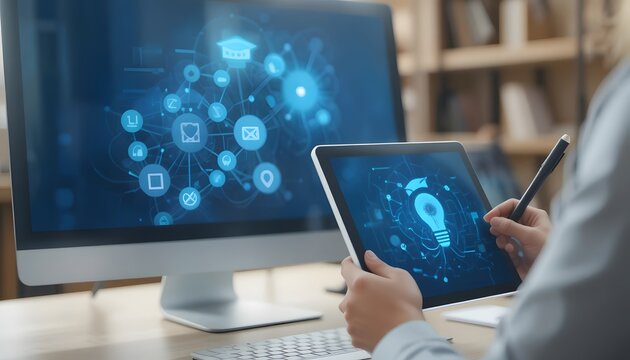 Innovative online education platform with a person interacting with a glowing network of icons on a computer and tablet