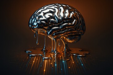 Brain with a dripping substance on it. The brain is made of metal and has a shiny, reflective surface. The dripping substance gives the brain a sense of movement and fluidity, as if it is alive