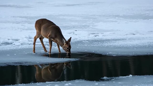 A graceful brown deer with prominent ears and a white throat patch carefully drinks from a dark open pool of water, surrounded by a vast, pristine snowy and icy winter landscape.