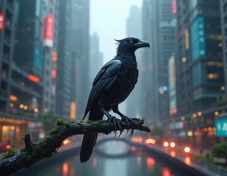 Cybernetic bird sits on branch in futuristic city. Metallic robotic raven with glowing eyes against city lights. Sci-fi art showing tech innovation. Artificial intelligence concept.