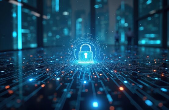 Digital lock symbol floats over illuminated circuit board. Abstract cyberspace background with glowing lines and lights. Data network protection concept. Futuristic security.
