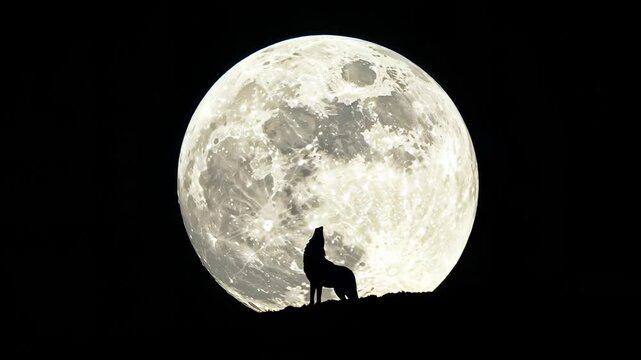 A majestic wolf silhouette howls to the glowing full moon, standing atop a dark ridge against the vast, starless night sky.