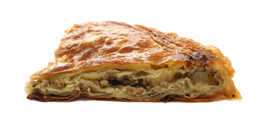 Burek, meat pie isolated on white, side view
