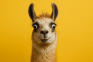 Obraz premium Llama with big eyes and a goofy expression is staring at the camera. The yellow background adds a playful and cheerful mood to the image