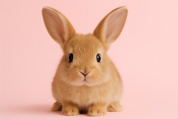 Fototapeta premium Cute little rabbit with big ears and a cute face. It is sitting on a pink background