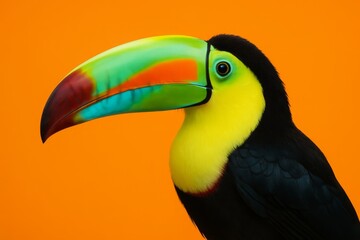 Naklejka premium Colorful bird with a long beak stands on an orange background. The bird's bright colors and long beak make it stand out against the orange background