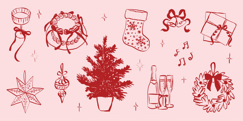 Fototapeta premium Whimsical chalk doodle illustration of Christmas party essentials with festive bows, vintage food sketches, champagne glasses, and holiday dinner table decorations