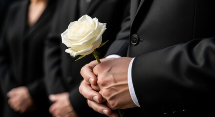 Closeup of a man in a black suit holding a single white rose at a funeral ceremony, concept of mourning.
