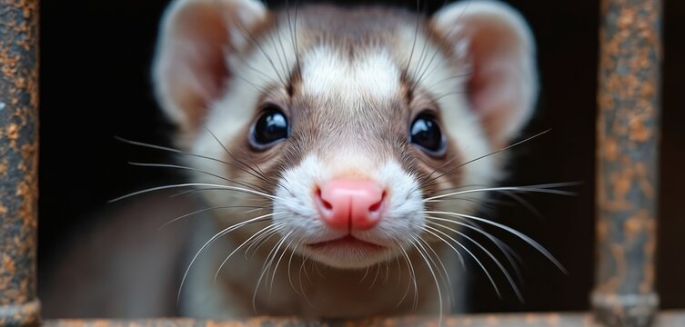 Small mink animal looks out from metal cage bars on farm. Cute furry mammal with pink nose and whiskers is inside enclosure. Wildlife captivity view.