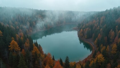 Misty lake surrounded by autumn forest trees. Pine woods and colorful foliage near calm water. Foggy, moody, tranquil, natural landscape scene. Serene wilderness.
