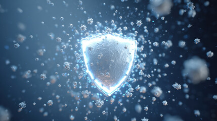 Glowing shield icon surrounded by floating virus particles, blue protective barrier symbolizing immunity and digital defense in microscopic atmospheric scene