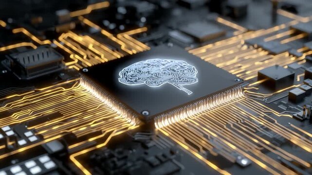 Digital Brain: An intricate circuit board with a central processing unit, subtly shaped into a brain, glows, representing the fusion of technology and intellect.