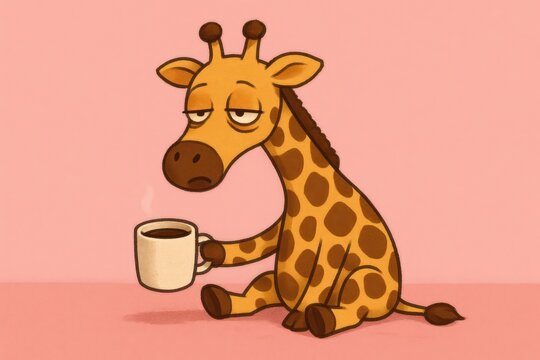 Cartoon giraffe is sitting on a pink background with a cup of coffee in its mouth. The giraffe appears to be tired and sleepy, and the coffee cup suggests that it is trying to stay awake