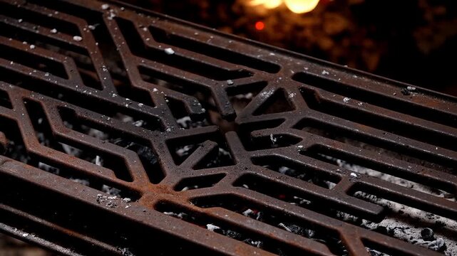 Close-up of a rustic cast iron grill grate with geometric pattern over glowing embers and scattered white ash