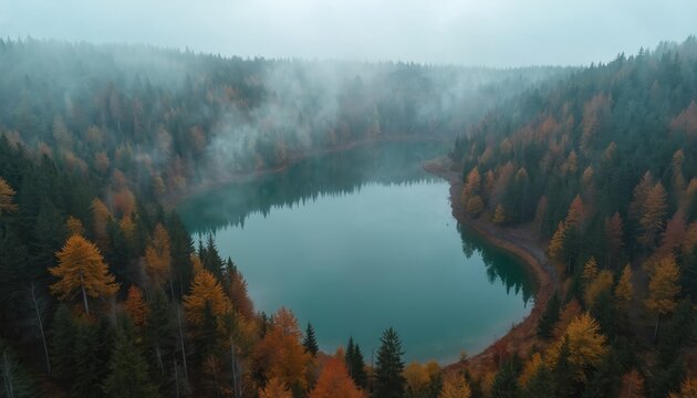 Misty lake surrounded by autumn forest trees. Pine woods and colorful foliage near calm water. Foggy, moody, tranquil, natural landscape scene. Serene wilderness.