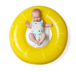Cute little baby on inflatable ring against white background, top view