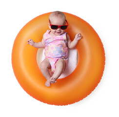 Cute little baby with sunglasses on inflatable ring against white background, top view