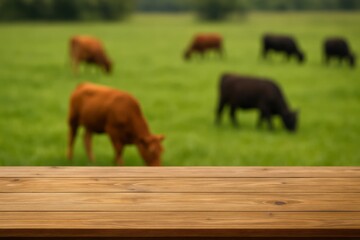 Fototapeta premium Group of cows are grazing in a field. The cows are brown and black. The grass is green and lush