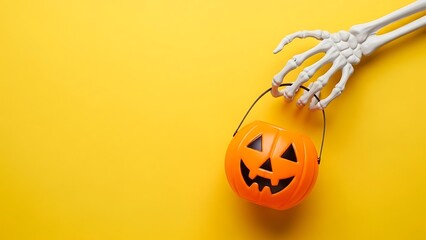 Skeleton hand holding a pumpkin candy bucket on a yellow background
