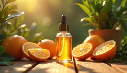 A glass bottle of vitamin C serum sits on a wooden surface surrounded by fresh oranges and plants. The natural serum is made of citrus fruits. It represents wellness and beauty.