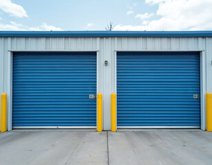 Two closed blue storage unit doors with yellow bollards. Modern industrial building exterior with clean, secure metal shutters and concrete ground. Bright day with clouds.