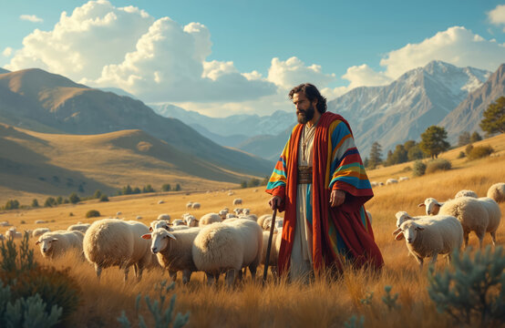 Man in colorful robe with sheep on grassy hill. Bearded shepherd guides flock with staff. Majestic mountains rise in background under blue sky with clouds. Pastoral scene.