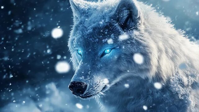 Majestic white wolf with glowing eyes standing in snowy wilderness, turning sideways with intense gaze, symbolizing mystery, strength, instinct primal survival, and the untamed beauty of winter nature