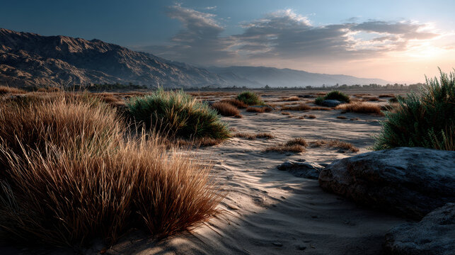 Golden hour desert landscape with sand ripples, dry grass clumps, scattered rocks and distant mountain ridge under dramatic clouded sky filled with warm light