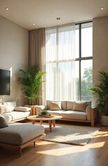 Fototapeta premium Minimalist living room features beige sectional sofa, wood coffee table, fluffy rug, and large windows with sheer curtains. Tall potted palm plants add lush greenery. Natural light fills space.