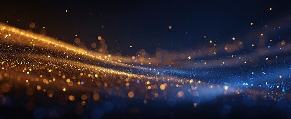 Abstract blue and gold flowing particles against a dark background, bokeh effect
