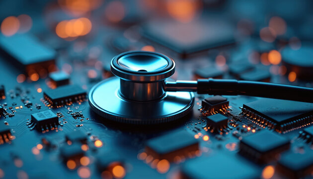 Stethoscope on circuit board close up. Tech health check concept represents system diagnostic analysis. Modern healthcare combined tech digital innovation in medical world.
