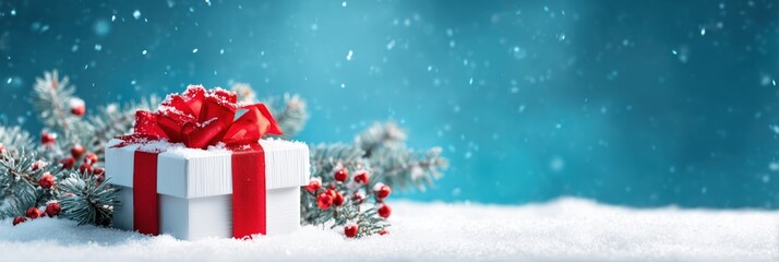 christmas present with red ribbon and bow on snow against blue background, banner design with copy space christmas gift box with pine tree branches, glowing lights decoration Generative AI