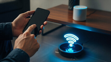 Man using mobile phone with glowing wifi symbol. Smart home automation and internet of things technology for modern living concept.