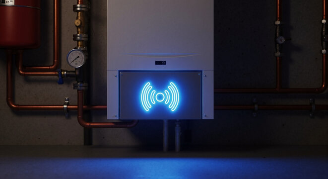 Smart boiler with glowing wifi signal. Internet of things (iot) for home heating control. Modern technology for energy efficiency and security.