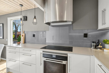 Fototapeta premium Modern luxury kitchen interior in minimal scandinavian style, 3d render