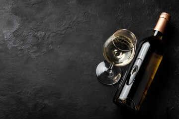 A bottle of white wine is placed next to a wine glass on a dark textured surface