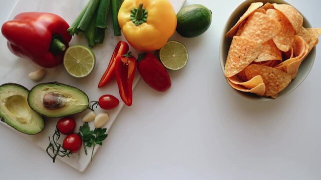 a bowl of chips with sauce and vegetables