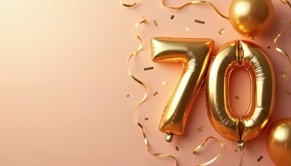 Golden number 70 balloons float with confetti and streamers. Celebrate milestone anniversary event or birthday party. Festive decoration for greeting card poster.