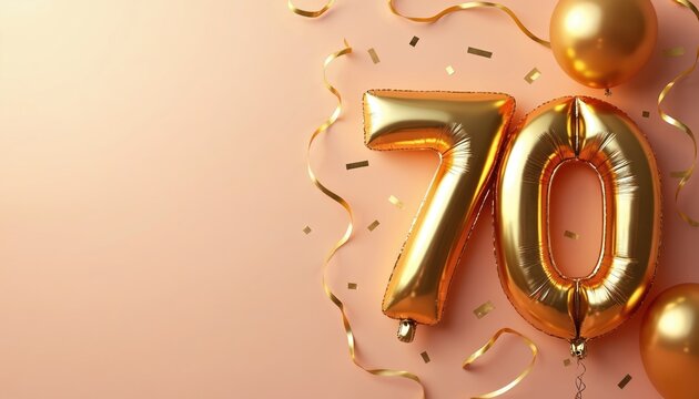 Golden number 70 balloons float with confetti and streamers. Celebrate milestone anniversary event or birthday party. Festive decoration for greeting card poster.