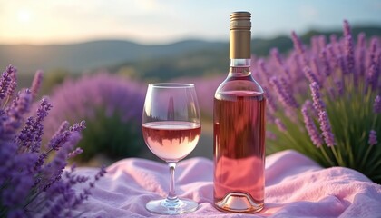 Rose wine glass and bottle rest on picnic cloth in blooming lavender field. Purple flowers are in full bloom at sunny summer countryside. Romantic getaway with drink outdoors at vacation.