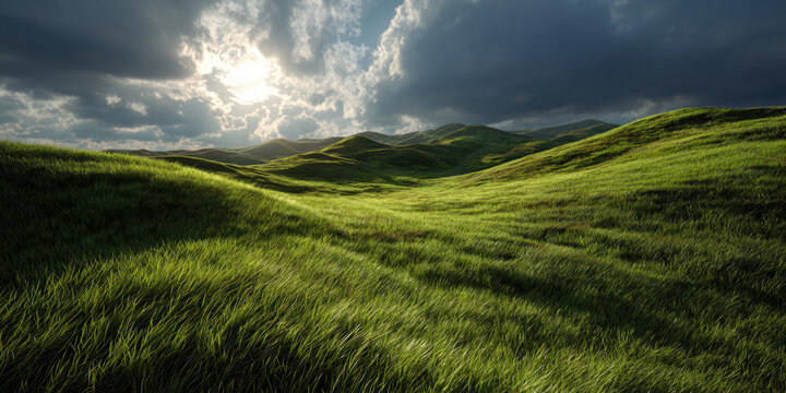 Lush green grassland under dramatic cloudy sky with sunlight breaking through clouds creating contrast and peaceful mood